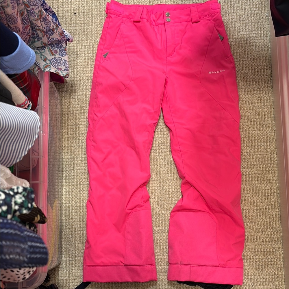 Girls, bright pink spider snow pants